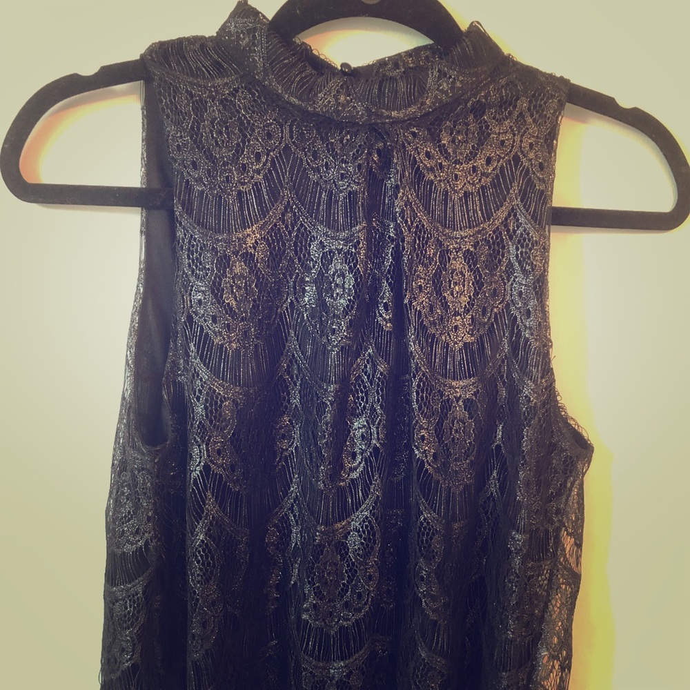 Black silver lace high neck sleeveless blouse top